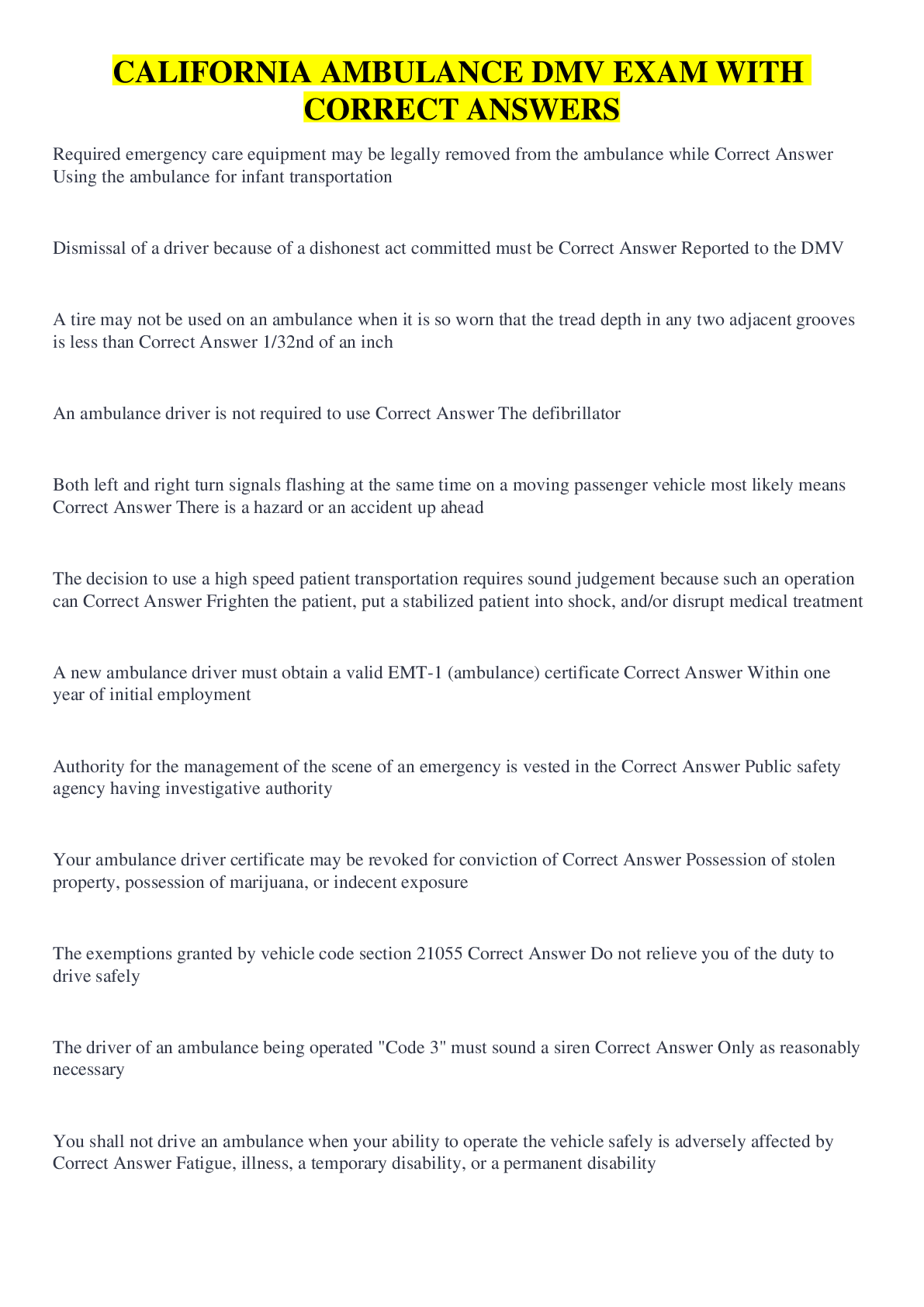 Preview image for CALIFORNIA AMBULANCE DMV EXAM WITH CORRECT ANSWERS